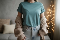 Teal t shirt denim jeans cardigan mockup tshirt Product Image 1