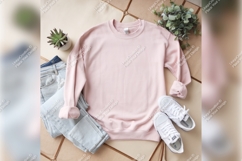Pink Sweatshirt Flat Lay With Denim Tshirt Mockup Product Image 1