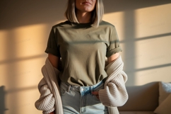 Olive green t shirt light wash jeans image Product Image 1