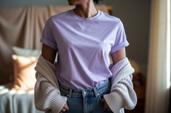 Woman wearing lavender t shirt and denim jeans image Product Image 1