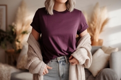 Plum T shirt and Cream Cardigan Mockup image Product Image 1