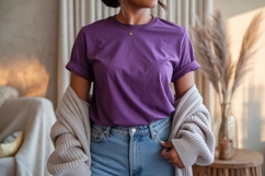 Woman wearing purple t shirt and jeans t-shirt casual Product Image 1