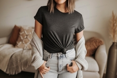 Woman wearing grey t shirt and jeans image Product Image 1