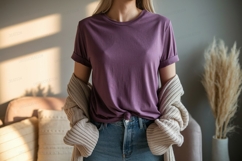 Purple t shirt mockup with cardigan clothing Product Image 1