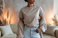 Woman wearing neutral t shirt and jeans image Product Image 1