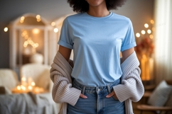 Light blue t shirt mockup with cardigan female Product Image 1