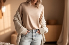 Casual beige top and denim jeans mockup woman Product Image 1