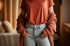 Orange shirt light jeans cozy cardigan Product Image 1