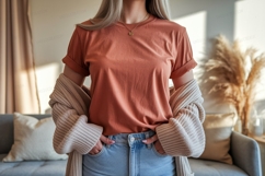 Terracotta tee with neutral cardigan Product Image 1