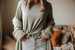 Sage green tee light wash denim cozy cardigan mockup Product Image 1