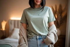 Woman wearing green t shirt and jeans image Product Image 1