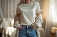 Cream t shirt and denim jeans mockup image Product Image 1