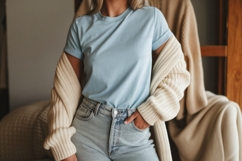 Light blue t shirt and cream cardigan mockup image Product Image 1