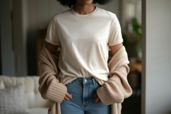 Cream tee denim jeans cardigan image Product Image 1