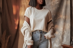 Cream tee and knit cardigan mockup woman Product Image 1