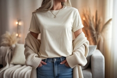 Cream tee and cardigan mockup woman Product Image 1