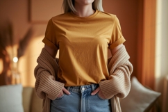 Mustard t shirt and cardigan mockup orange yellow Product Image 1