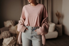 Pink shirt denim jeans knit cardigan image Product Image 1