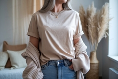 Beige t shirt mockup with cardigan image Product Image 1