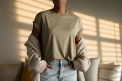 Casual woman wearing olive t shirt and jeans image Product Image 1
