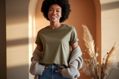 Woman wearing olive green t-shirt and cardiga Product Image 1