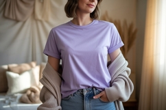 Lavender tee with cardigan and jeans mockup woman Product Image 1