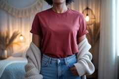 Maroon t shirt denim jeans cardigan mockup image Product Image 1