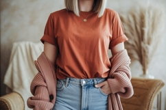 Woman wearing terracotta t shirt and pink cardigan Product Image 1