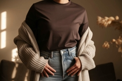 Brown shirt light cardigan denim jeans image Product Image 1