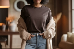 Woman wearing brown t shirt and denim jeans image Product Image 1