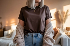Woman wearing brown t shirt and jeans Product Image 1