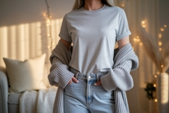 Grey TShirt Mockup Cozy Indoor Scene Product Image 1