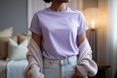 Lavender tee light wash denim casual outfit woman apparel Product Image 1