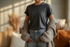 Dark grey t shirt light wash jeans clothing Product Image 1