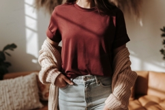Maroon shirt light jeans cozy cardigan image Product Image 1