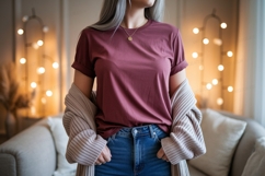 Maroon t shirt with cardigan and jeans image Product Image 1