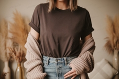 Woman wearing dark t shirt and cardigan image Product Image 1