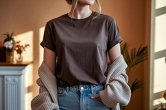 Woman wearing brown t shirt and jeans image Product Image 1