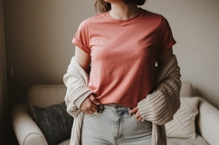 Coral tee light denim jeans cozy cardigan image Product Image 1