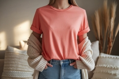 Coral TShirt Mockup With Cardigan clothing Product Image 1