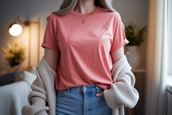 Coral tee light wash denim shirt jeans Product Image 1