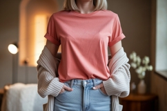 Coral t shirt light jeans cardigan image Product Image 1