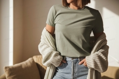 Sage green t shirt and knit cardigan mockup image Product Image 1