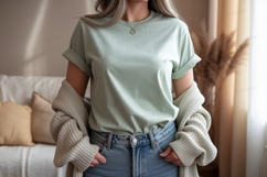 Woman wearing mint green t shirt and blue jeans image Product Image 1
