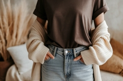 Brown shirt light jeans cream cardigan image Product Image 1
