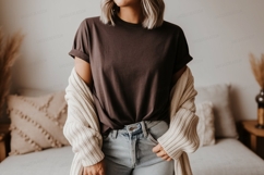 Woman wearing brown t shirt and cream cardigan image Product Image 1