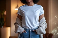 Woman wearing white t shirt and jeans image Product Image 1