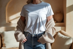 White t shirt and beige cardigan mockup clothing apparel Product Image 1