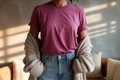 Magenta t shirt light knit cardigan denim jeans image Product Image 1