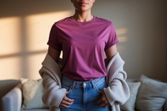 Woman wearing magenta t shirt and denim jeans image Product Image 1